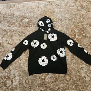 Denim Tears Black and White Cotton Wreath Hoodie Size Large